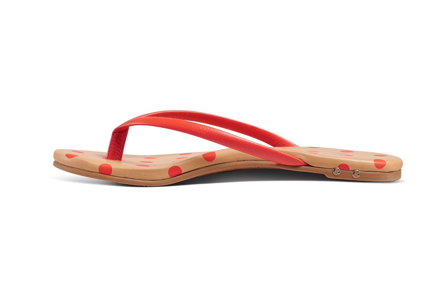 Sunbeam leather flip flop sandal with polka dots in tomato/beach - product side shot