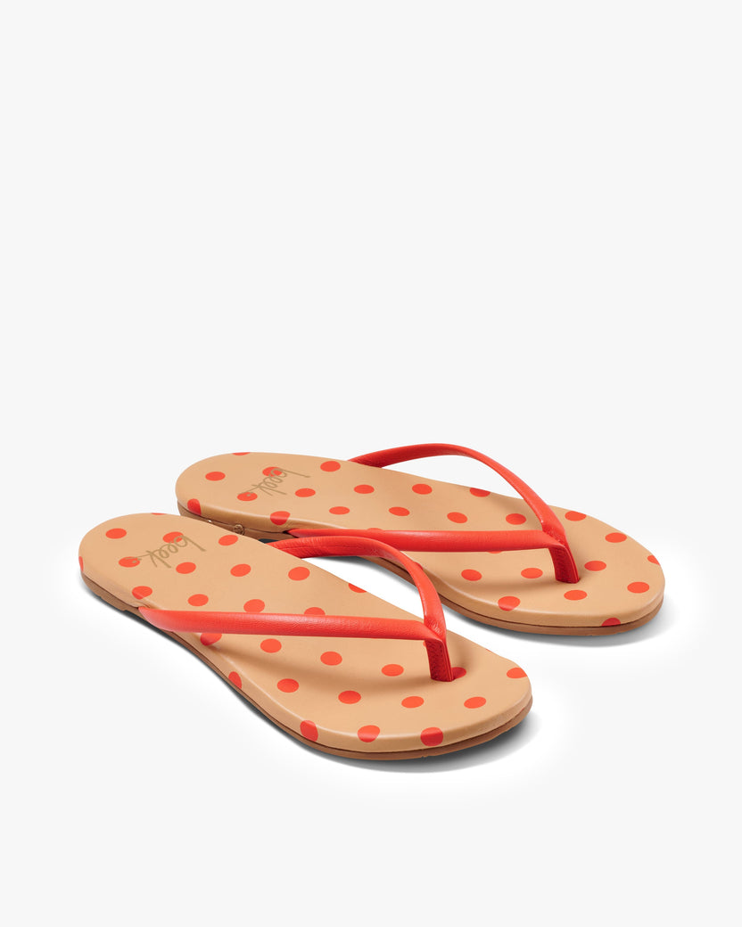 Sunbeam leather flip flop sandal with polka dots in tomato/beach - product angle shot