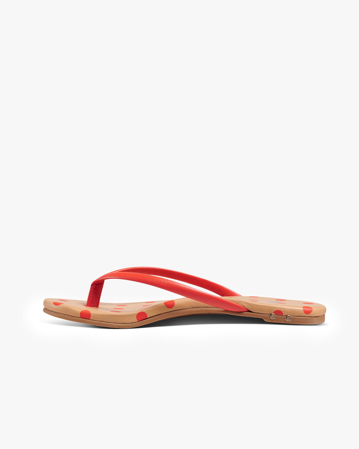Sunbeam leather flip flop sandal with polka dots in tomato/beach - product side shot