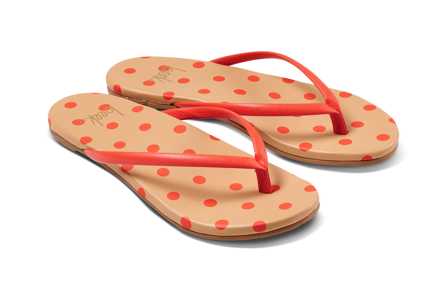 Sunbeam leather flip flop sandal with polka dots in tomato/beach - product angle shot