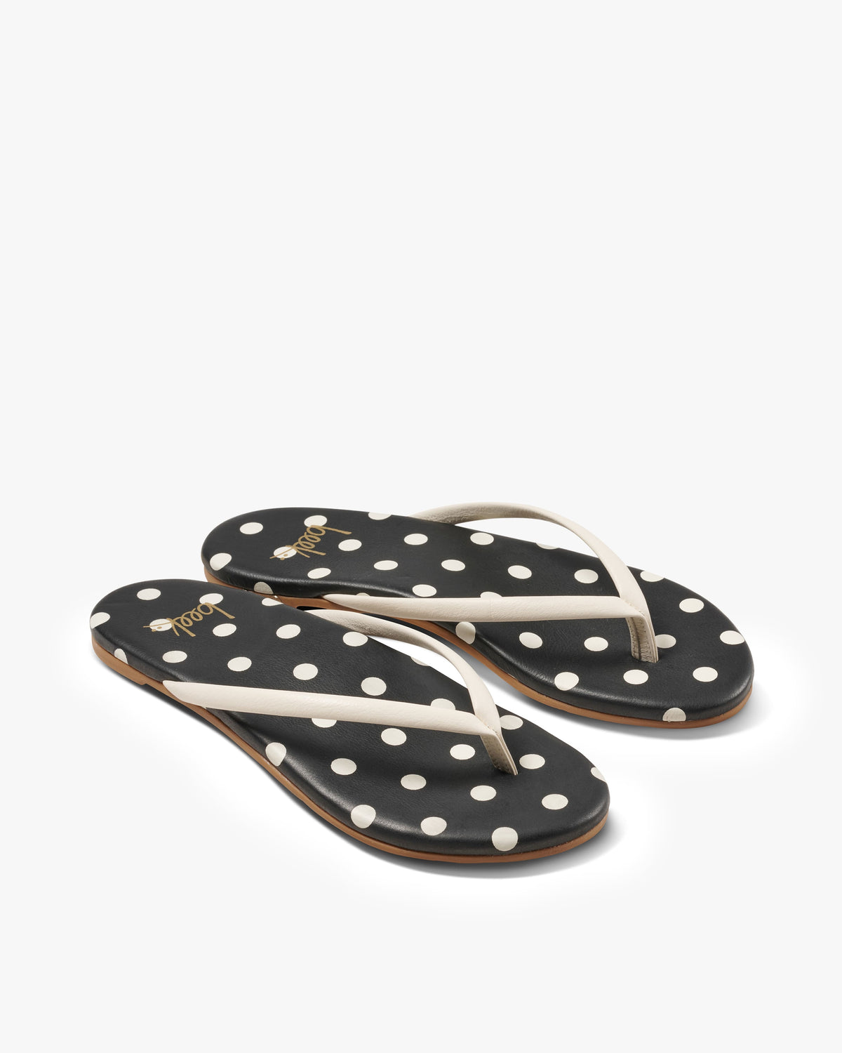 Sunbeam leather flip flop sandal with polka dots in vanilla/black - product angle shot