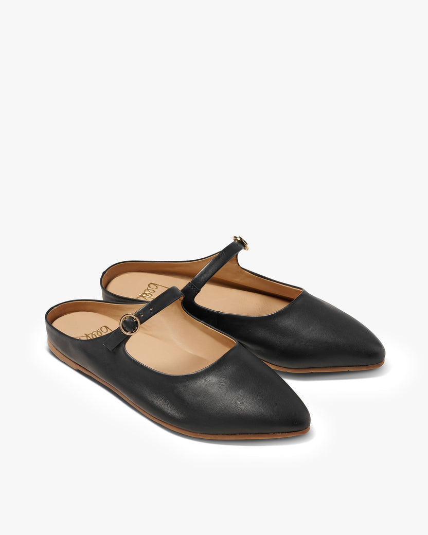 Swallow leather ballet mule in black - product angle shot