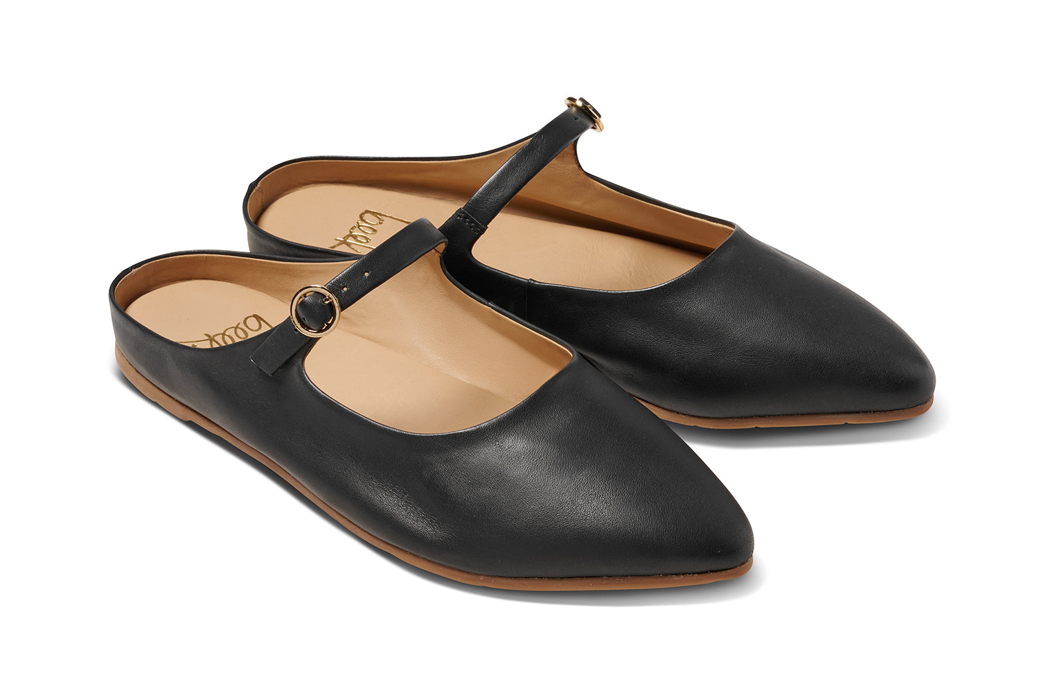 Swallow leather ballet mule in black - product angle shot