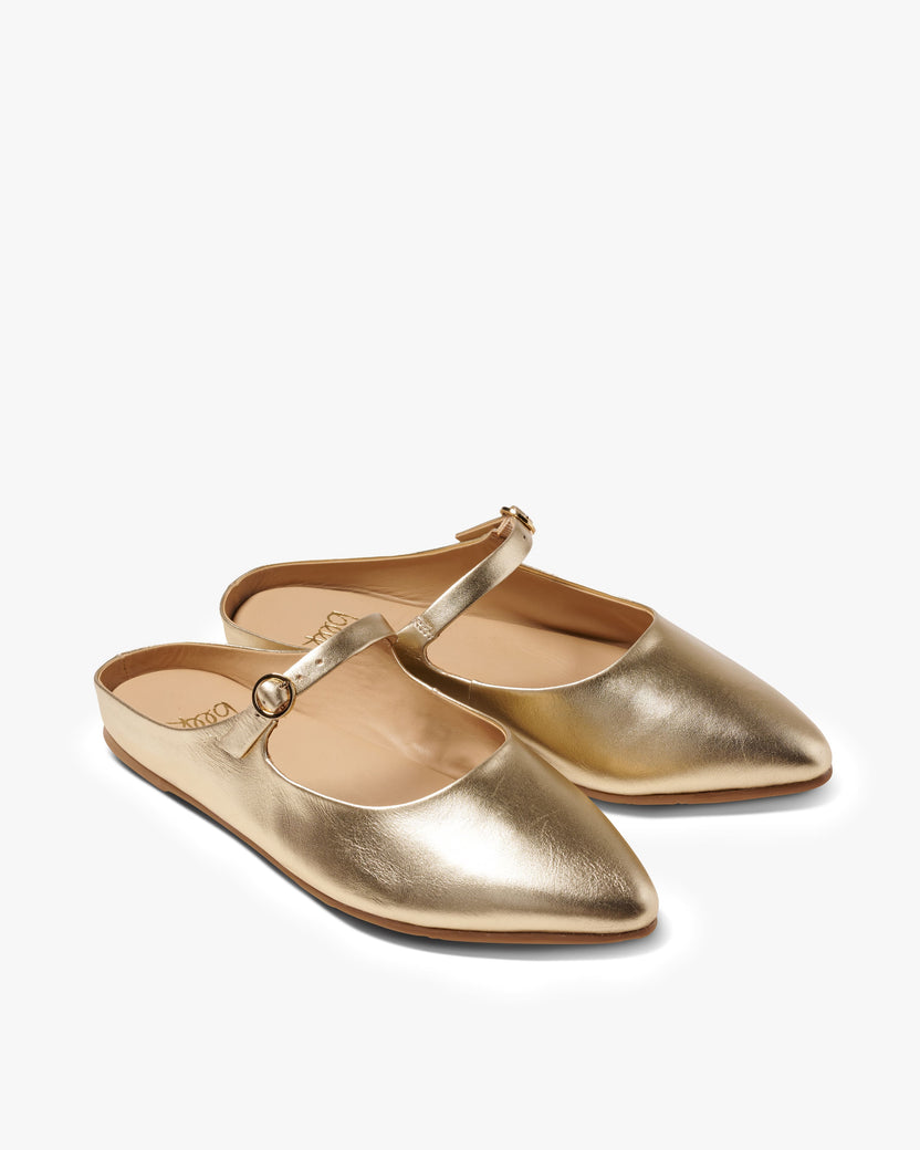 Swallow leather ballet mule in gold - product angle shot