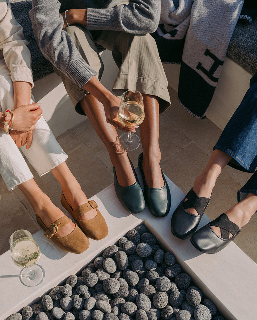 Women wearing Cardinal suede mary jane flat in toffee, Swan leather ballet flat in teal, Serin leather ballet shoe in black