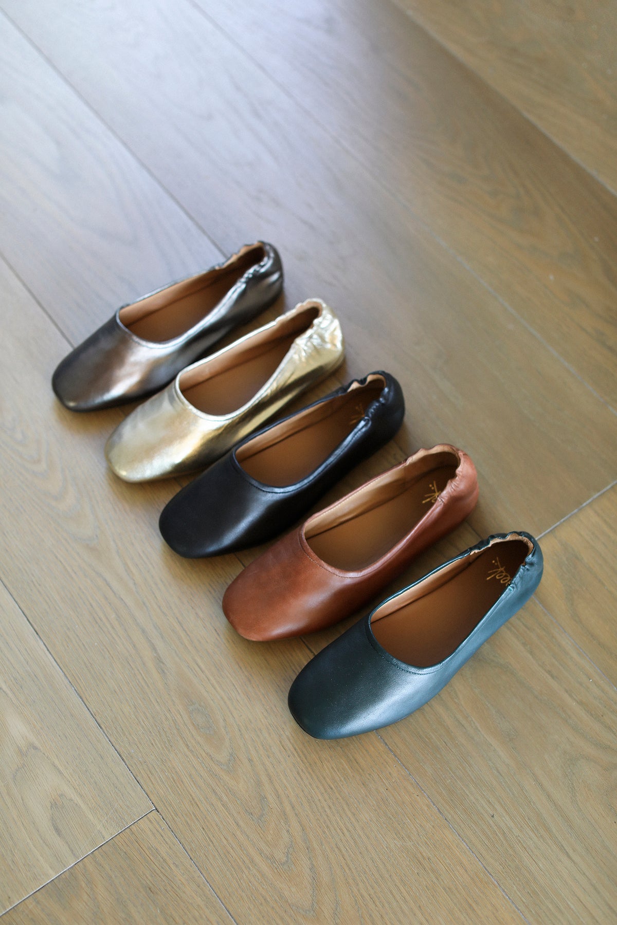 Group shot of Swan leather ballet flats in gunmetal, gold, black, cognac, teal.