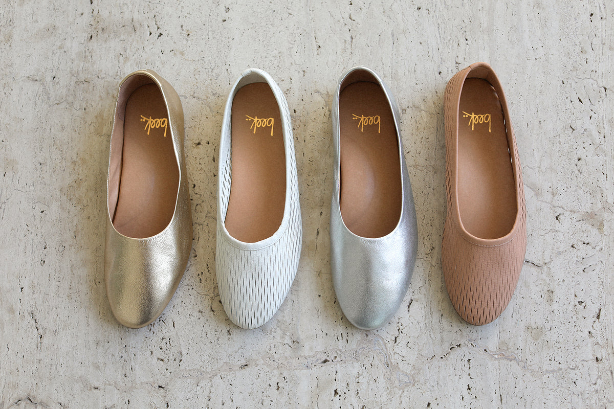 Group shot of Swiftlet leather ballet mule in silver and gold with Swiftlet Perforated leather ballet mules in beach and vanilla.