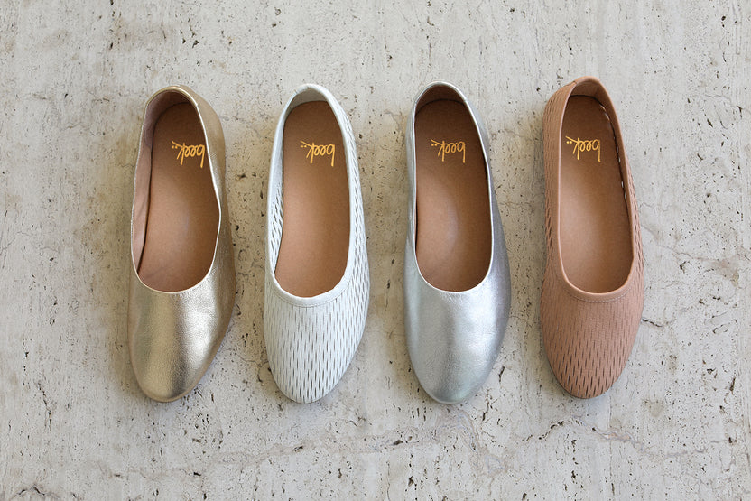 Group shot of Swiftlet leather ballet mule in silver and gold with Swiftlet Perforated leather ballet mules in beach and vanilla.