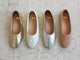 Group shot of Swiftlet leather ballet mule in silver and gold with Swiftlet Perforated leather ballet mules in beach and vanilla.