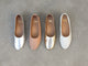 Group shot of Swiftlet leather ballet mule in silver and gold with Swiftlet Perforated leather ballet mules in beach and vanilla.
