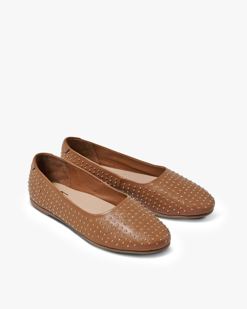Swiftlet Stud leather ballet shoes with gold studs in tan - product angle shot