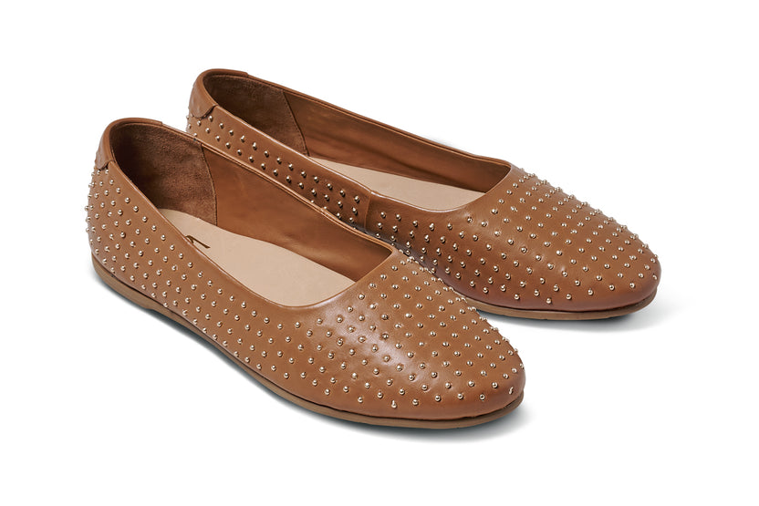 Swiftlet Stud leather ballet shoes with gold studs in tan - product angle shot