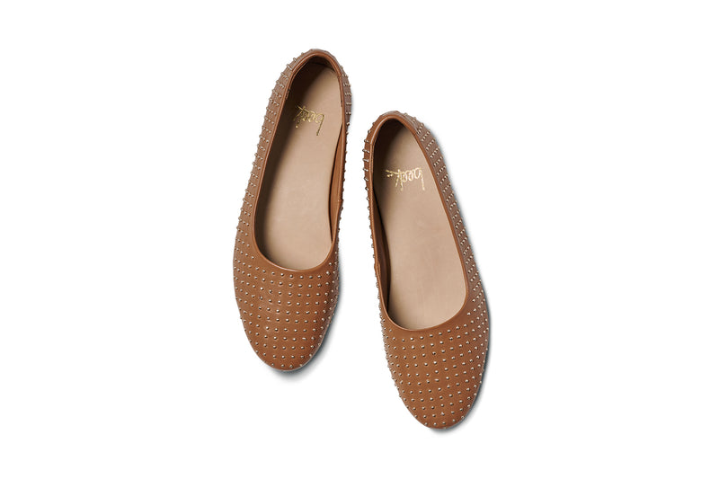 Swiftlet Stud leather ballet shoes with gold studs in tan - product top shot