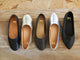 Group shot of Swiftlet leather ballet slippers in black and silver, Swiftlet Stud leather ballet slippers in black, and Swoop leather ballet slippers in silver and black.