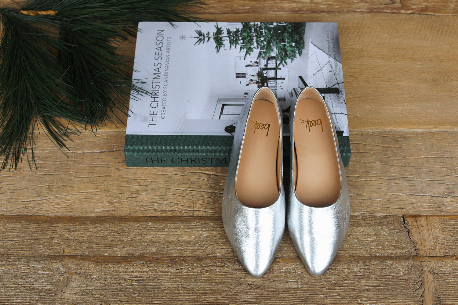 Swoop leather ballet shoes in silver propped on a Christmas book.