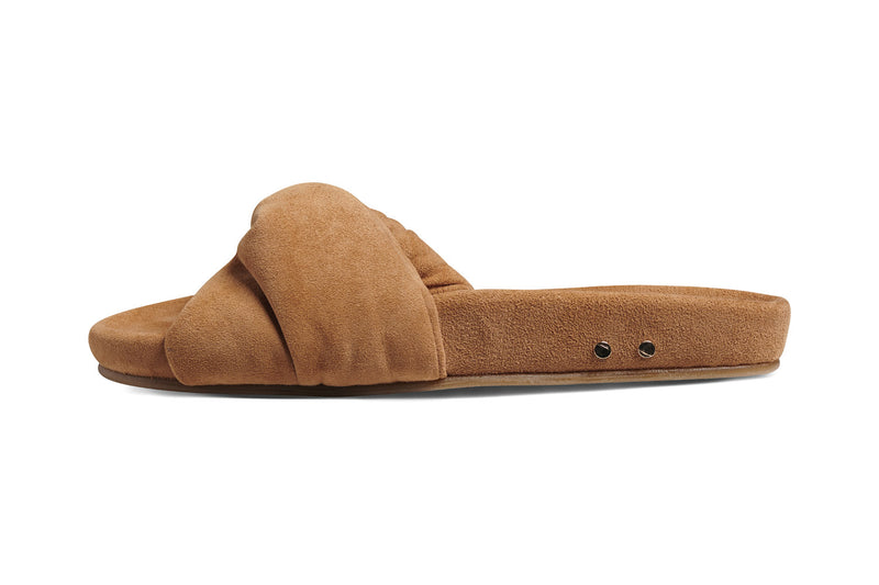 Tesia suede slide sandal in almond - side shot