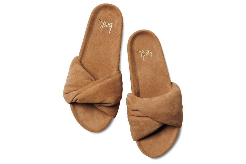 Tesia suede slide sandal in almond - top shot