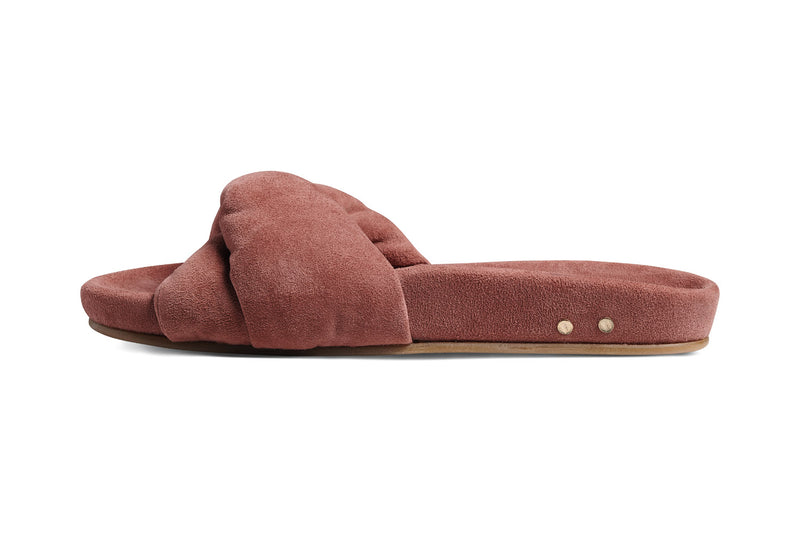 Tesia suede slide sandal in fig - side shot