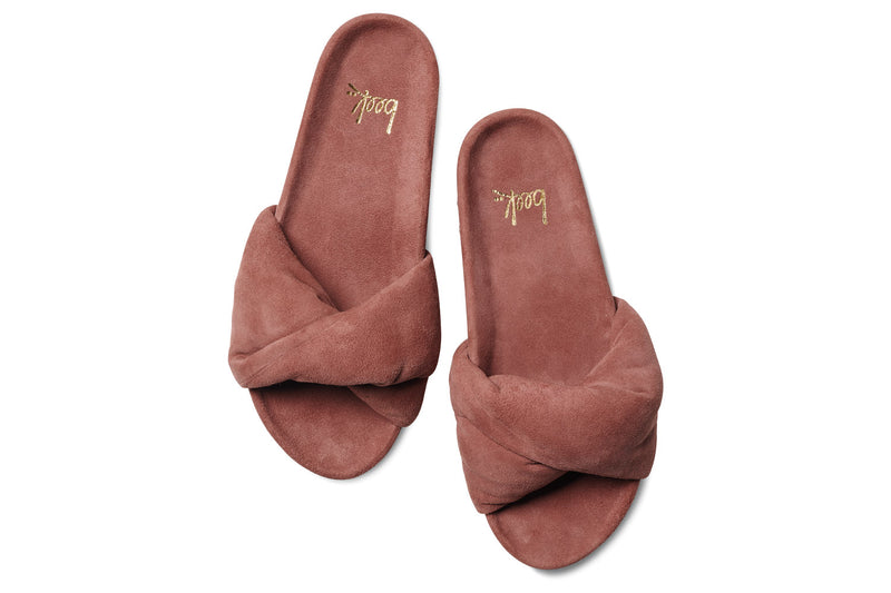 Tesia suede slide sandal in fig - top shot