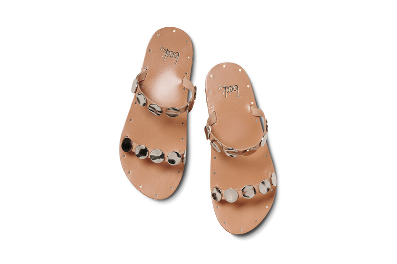 Topaz leather slide sandals in beach with silver metal discs - product top shot