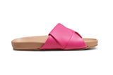 Tori leather slide sandal in azalea/beach -outer side shot