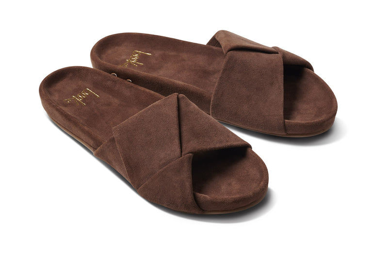 Tori suede slide sandal in pecan - angle shot