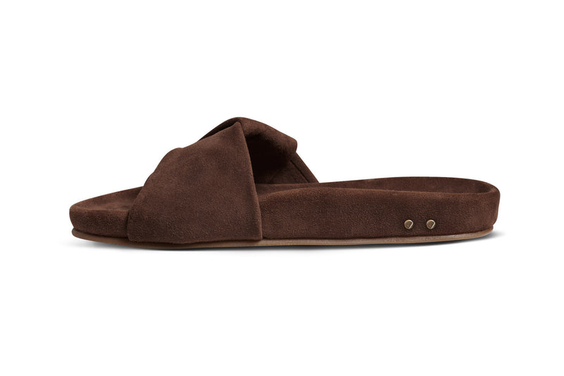 Tori suede slide sandal in pecan - side shot