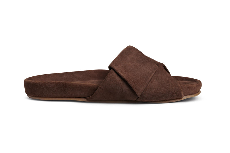 Tori suede slide sandal in pecan - side shot