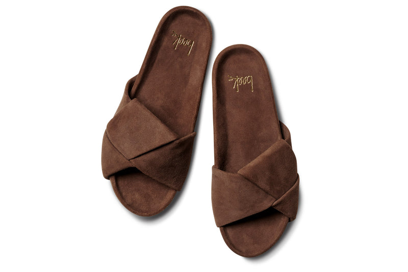 Tori suede slide sandal in pecan - top shot