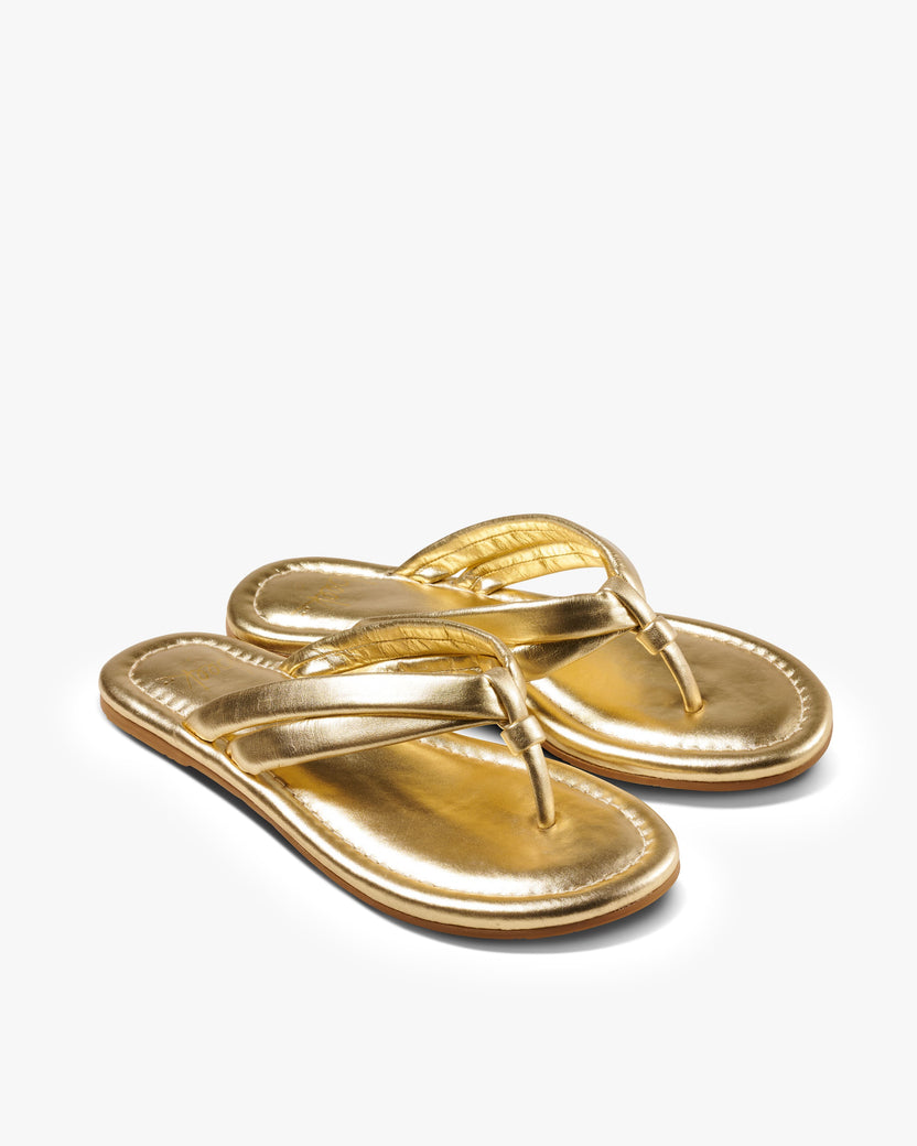Toucan leather flip flop sandal in gold - product angle shot
