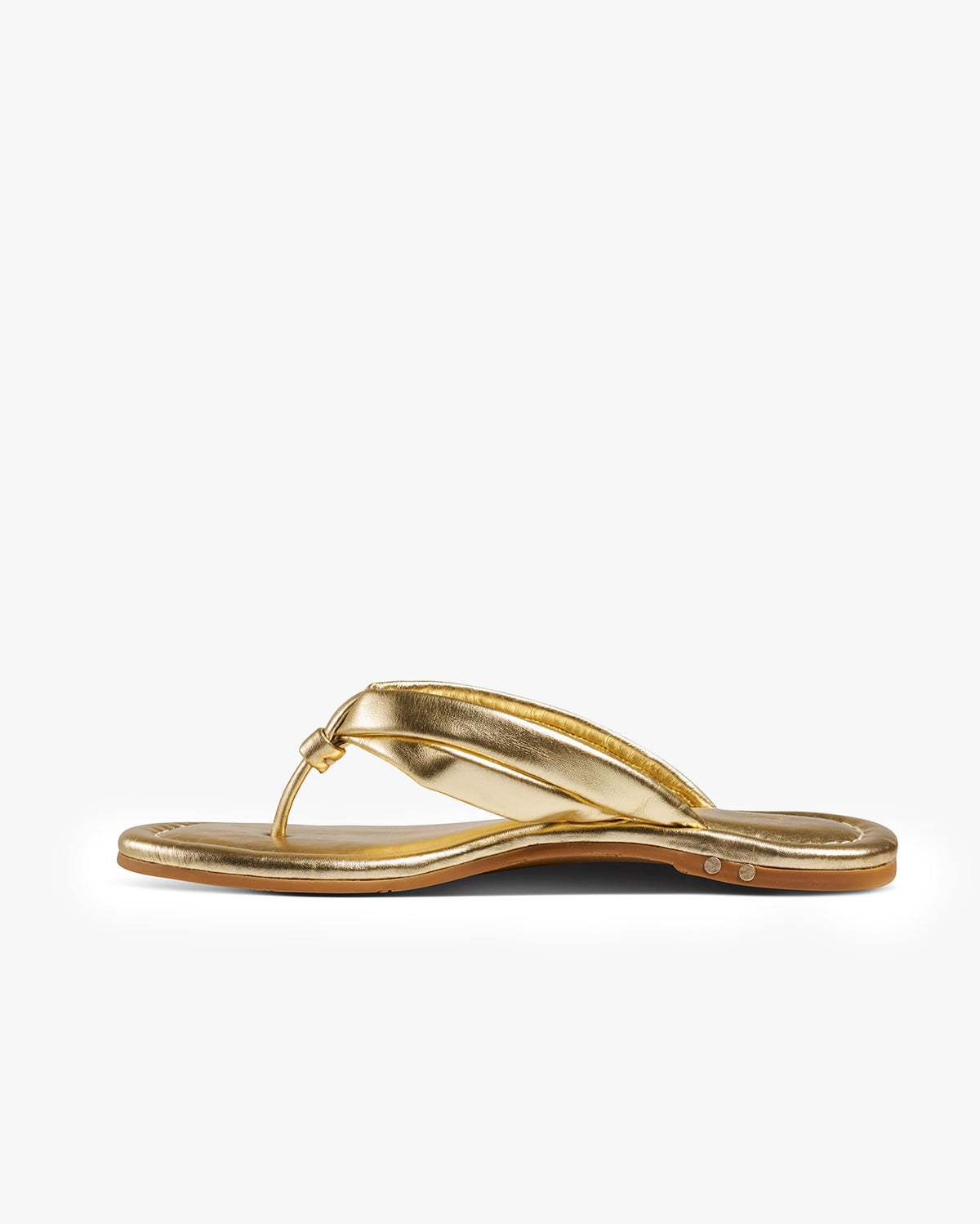 Toucan leather flip flop sandal in gold - product side shot