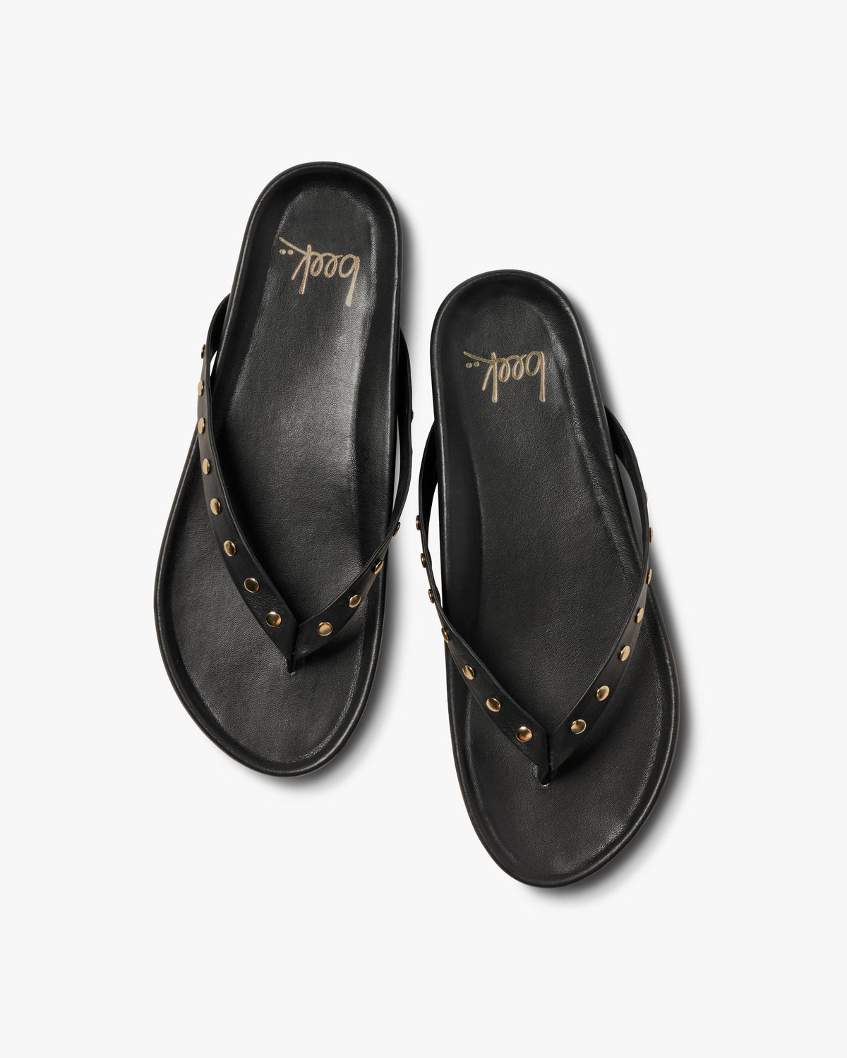 Tringa leather flip flop sandal in black with gold studs - product top shot