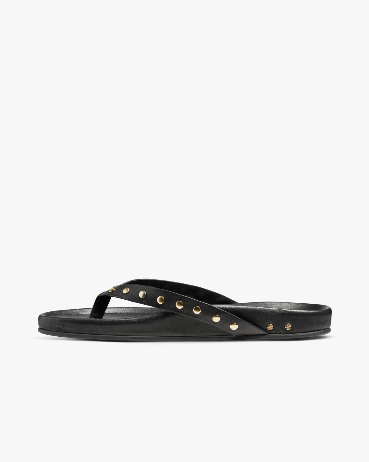 Tringa leather flip flop sandal in black with gold studs - product side shot