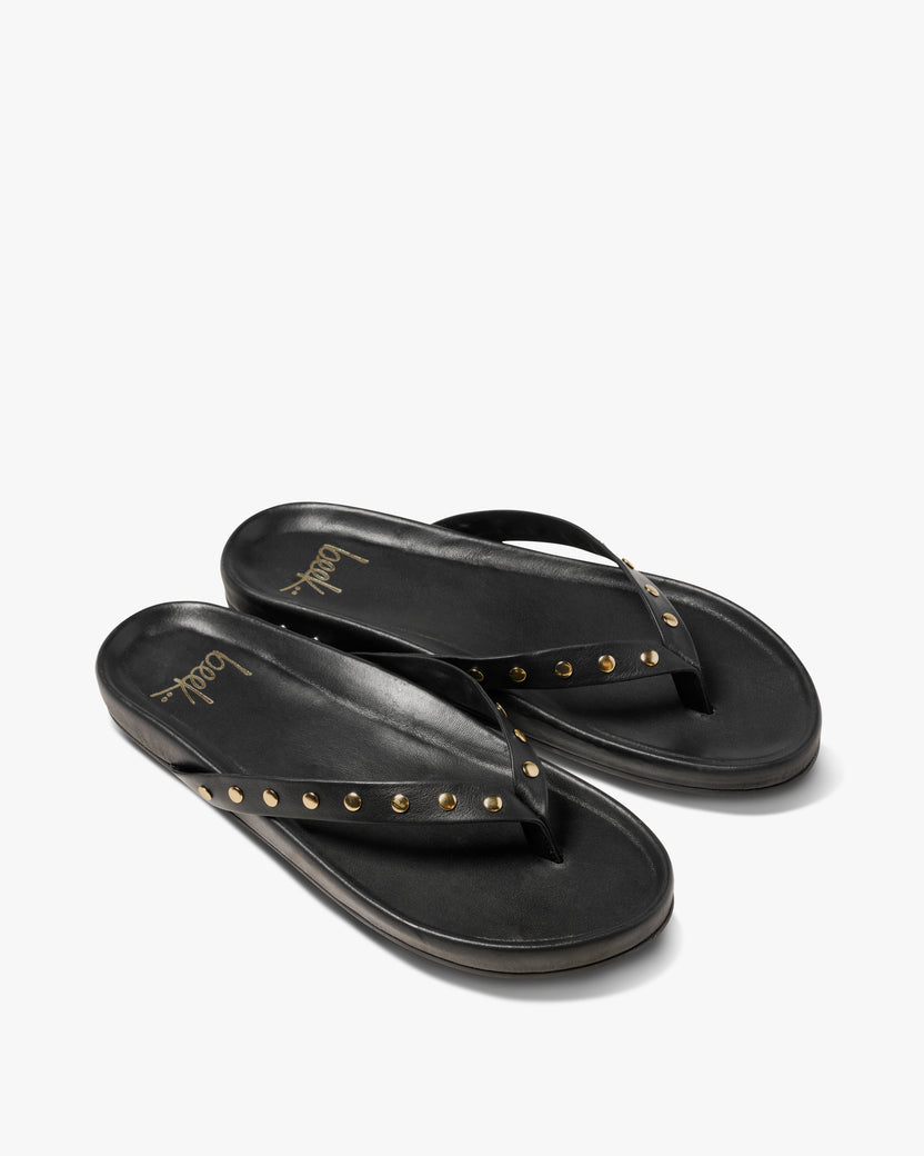 Tringa leather flip flop sandal in black with gold studs - product angle shot