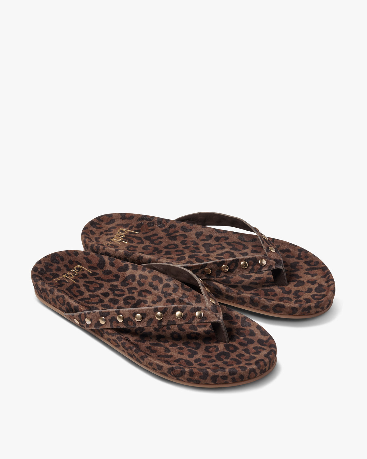 Tringa suede flip flop sandal in leopard with gold studs - product angle shot