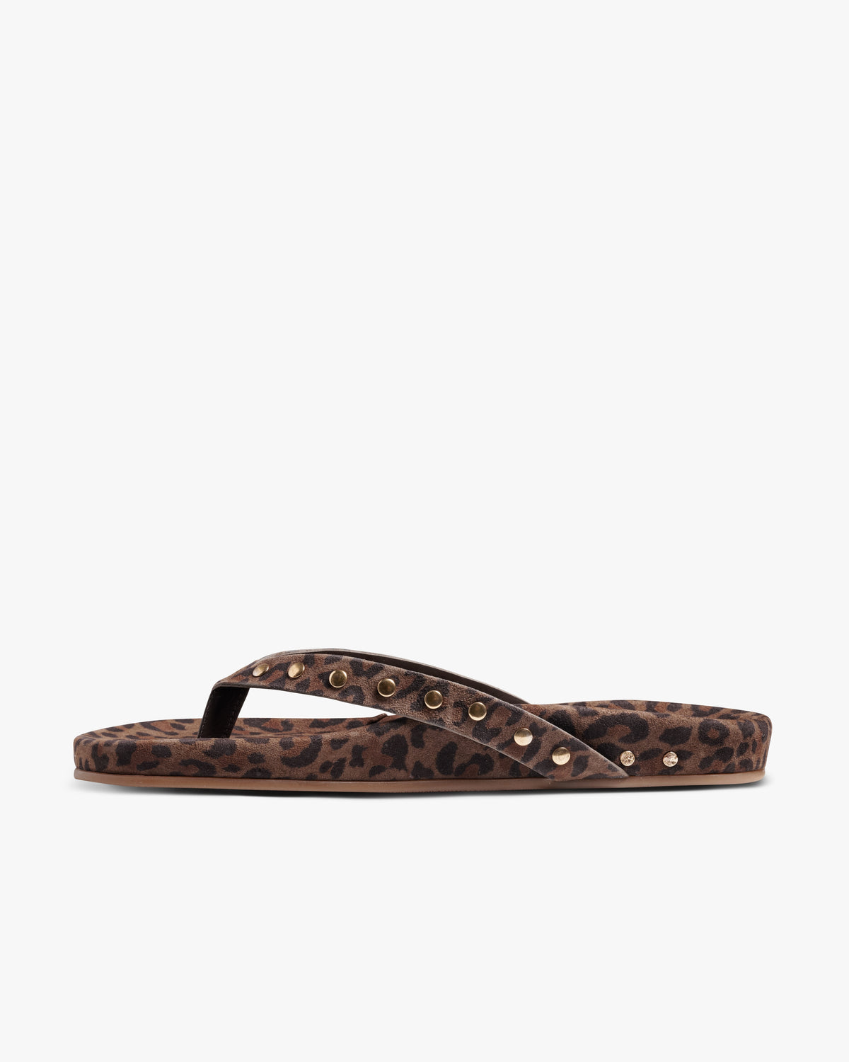 Tringa suede flip flop sandal in leopard with gold studs - product side shot