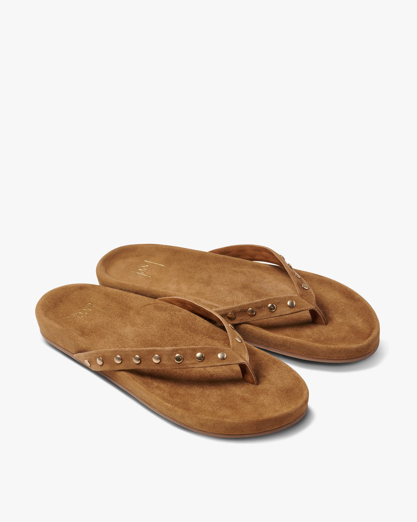 Tringa suede flip flop sandal in toffee with gold studs - product angle shot