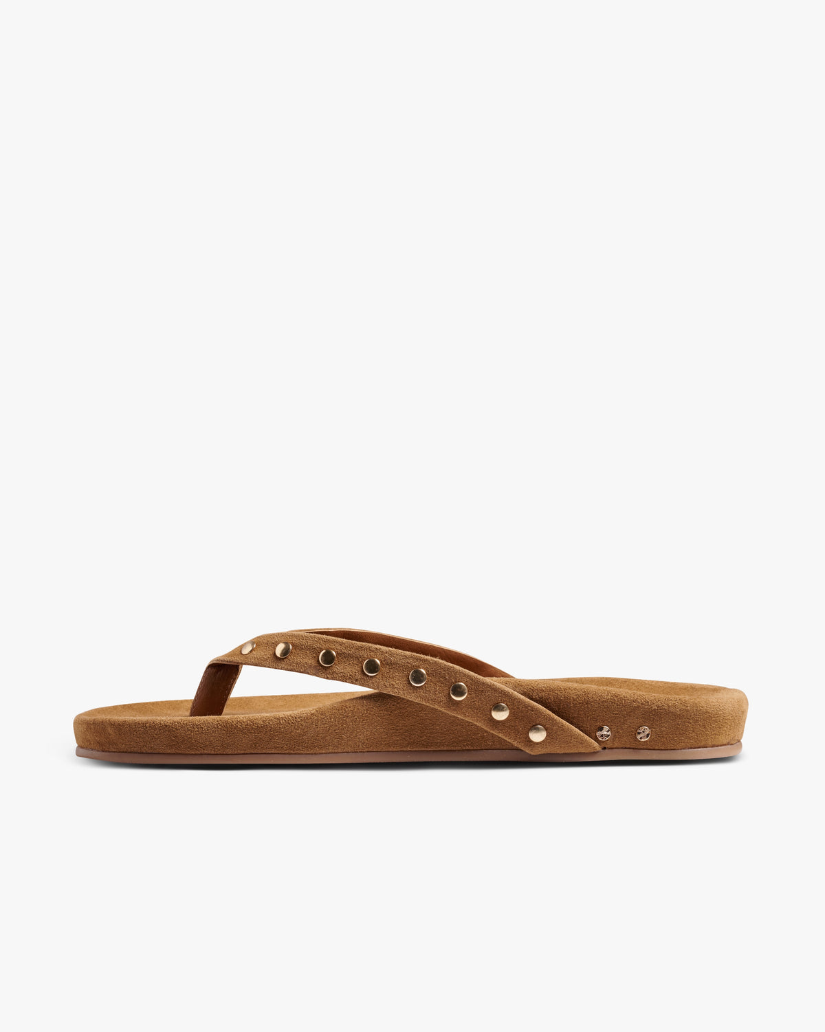 Tringa suede flip flop sandal in toffee with gold studs - product side shot