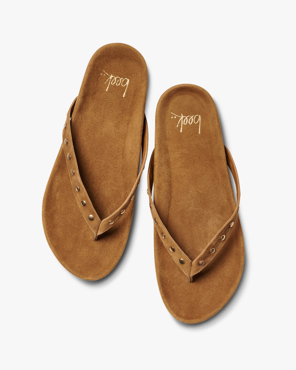 Tringa suede flip flop sandal in toffee with gold studs - product top shot