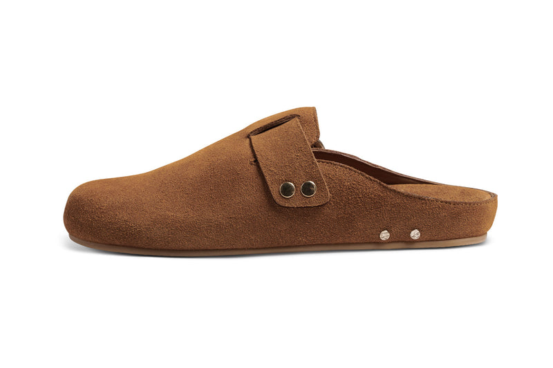 Vulture suede mules in chestnut - product side shot