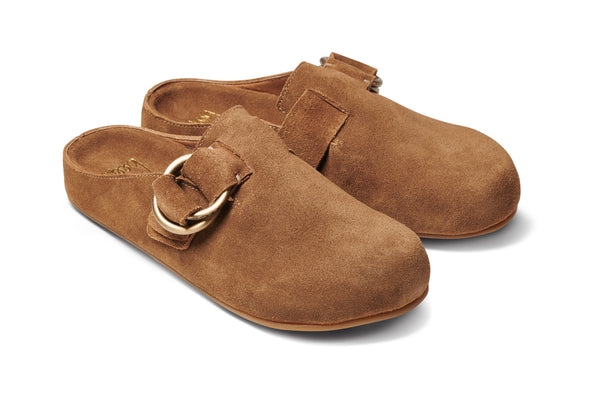 Vulture suede mules in chestnut - product angle shot