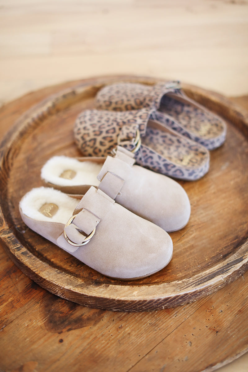 Vulture shearling slides in stone and Vulture suede slide in leopard - group shot.