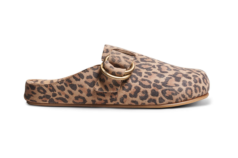 Vulture suede slides in leopard - product side shot