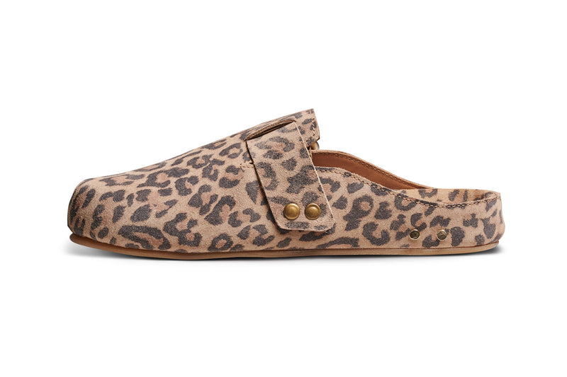 Vulture suede slides in leopard - product side shot