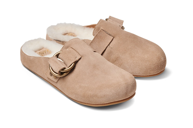 Vulture Shearling suede slide in stone - angle shot