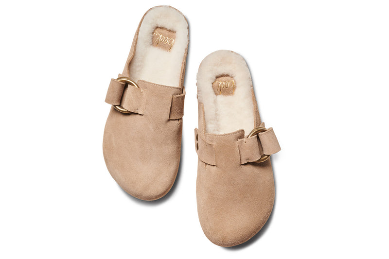 Vulture Shearling suede slide in stone - top shot
