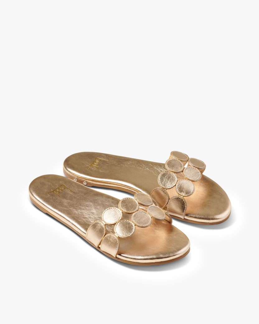 Whirlybird leather slide sandal in gold- product angle shot