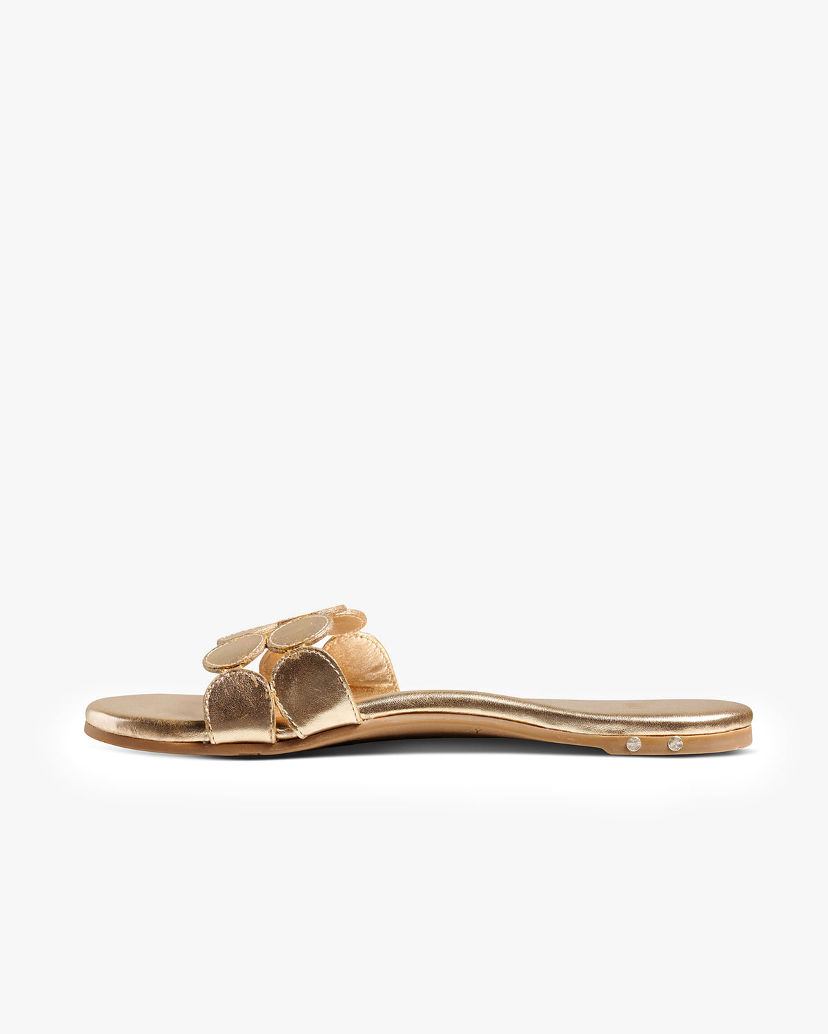 Whirlybird leather slide sandal in gold - product side shot