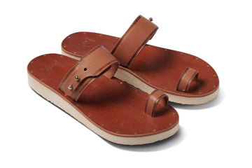 Whistler burnished leather toe-ring sandal in cognac - angle shot