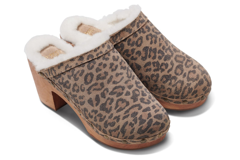 Woodpecker shearling clog in leopard - angle shot